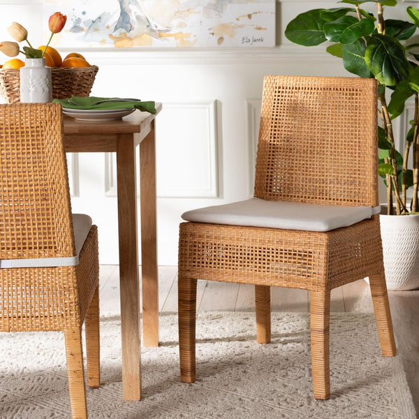 Baxton Studio bali Morris Bohemian Light Honey Rattan Dining Chair - Handcrafted Comfort & Rustic Elegance MD-39688 Morris-Mahogany/Rattan Honey-DC
