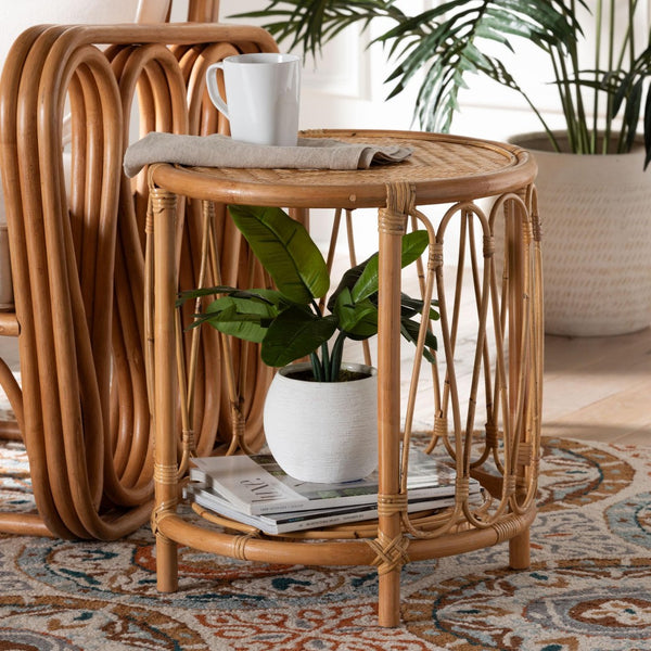 Baxton Studio bali Bohemian Light Honey Rattan End Table - Handcrafted Accent with Geometric Design & Storage Shelf MD-39665 Berilo-Rattan Honey-ET