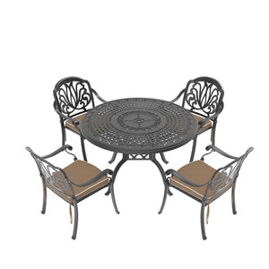 English Elm 5-Piece Cast Aluminum Patio Furniture Set With Plush Brown Cushions For Stylish Outdoor Dining W1710S00091
