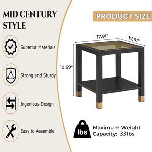 English Elm Glass Two Tier Square Side Table with Gold Mesh Tempered Top and Black Metal Frame Black+Gold W3587P456317