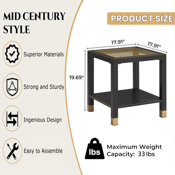 English Elm Glass Two Tier Square Side Table with Gold Mesh Tempered Top and Black Metal Frame Black+Gold W3587P456317