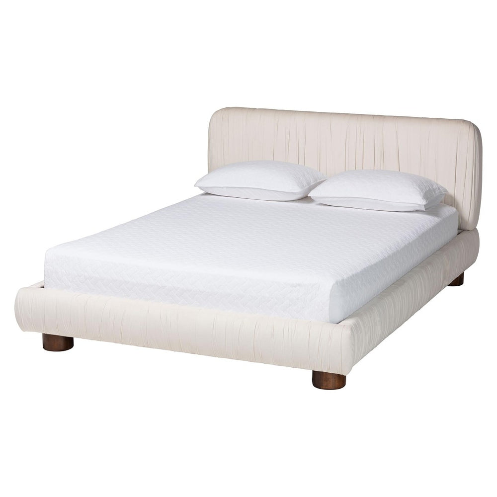 Baxton Studio Baxton Studio Emsley Luxe Ivory Velvet Queen Bed - Elegant Pleated Design for Ultimate Comfort BBT61217-Ivory/Walnut-Queen