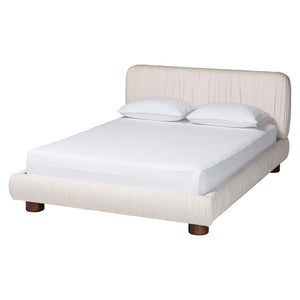 Baxton Studio Baxton Studio Emsley Luxe Ivory Velvet Queen Bed - Elegant Pleated Design for Ultimate Comfort BBT61217-Ivory/Walnut-Queen