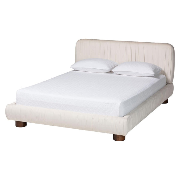 Baxton Studio Baxton Studio Emsley Luxe Ivory Velvet Queen Bed - Elegant Pleated Design for Ultimate Comfort BBT61217-Ivory/Walnut-Queen