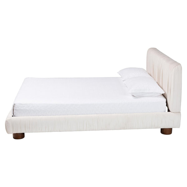 Baxton Studio Baxton Studio Emsley Luxe Ivory Velvet Queen Bed - Elegant Pleated Design for Ultimate Comfort BBT61217-Ivory/Walnut-Queen