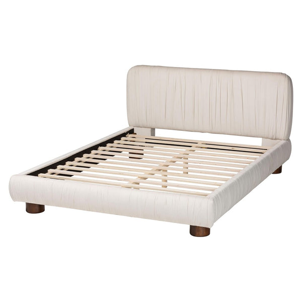 Baxton Studio Baxton Studio Emsley Luxe Ivory Velvet Queen Bed - Elegant Pleated Design for Ultimate Comfort BBT61217-Ivory/Walnut-Queen