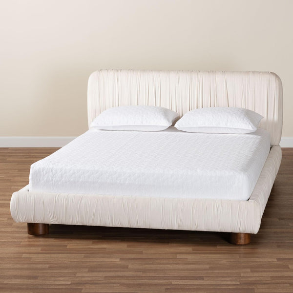 Baxton Studio Baxton Studio Emsley Luxe Ivory Velvet Queen Bed - Elegant Pleated Design for Ultimate Comfort BBT61217-Ivory/Walnut-Queen