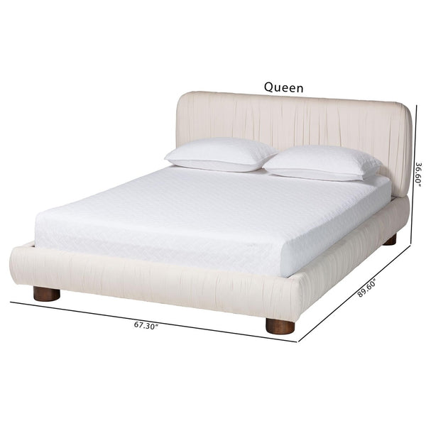 Baxton Studio Baxton Studio Emsley Luxe Ivory Velvet Queen Bed - Elegant Pleated Design for Ultimate Comfort BBT61217-Ivory/Walnut-Queen