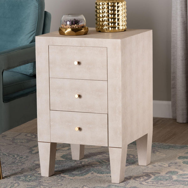 Baxton Studio Baxton Studio Leyna Modern Beige Faux Shagreen End Table with 3 Drawers for Chic Storage Solutions JY24A039-Beige Faux Shagreen-ET