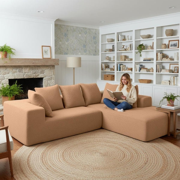 English Elm Full Foam Modular L-shaped Sectional Sofa Flannelette Upholstered with Five Throw Pillows Brown W3326S00025