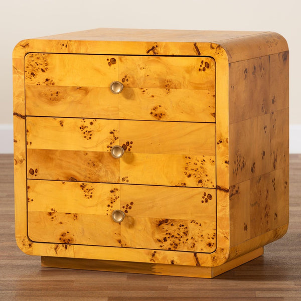 Baxton Studio bali Modern Natural Burl Wood Nightstand - Handcrafted Elegance with Unique Grain & Spacious Storage 3-Drawer KL-1569-Natural Burl Op1-Ebony-3DW-NS-BOXED