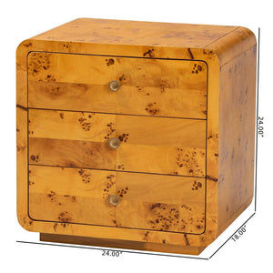 Baxton Studio bali Modern Natural Burl Wood Nightstand - Handcrafted Elegance with Unique Grain & Spacious Storage 3-Drawer KL-1569-Natural Burl Op1-Ebony-3DW-NS-BOXED