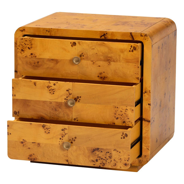 Baxton Studio bali Modern Natural Burl Wood Nightstand - Handcrafted Elegance with Unique Grain & Spacious Storage 3-Drawer KL-1569-Natural Burl Op1-Ebony-3DW-NS-BOXED