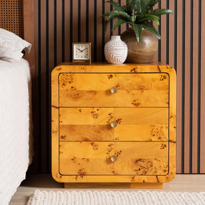 Baxton Studio bali Modern Natural Burl Wood Nightstand - Handcrafted Elegance with Unique Grain & Spacious Storage 3-Drawer KL-1569-Natural Burl Op1-Ebony-3DW-NS-BOXED