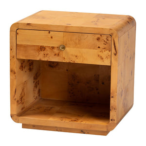 Baxton Studio bali Modern Natural Burl Wood Nightstand - Handcrafted Elegance with Unique Grain & Spacious Storage 1-Drawer KL-1570-Natural Burl Op1-Ebony-NS-BOXED