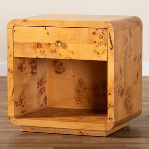 Baxton Studio bali Modern Natural Burl Wood Nightstand - Handcrafted Elegance with Unique Grain & Spacious Storage 1-Drawer KL-1570-Natural Burl Op1-Ebony-NS-BOXED