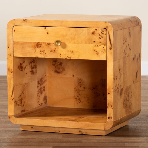 Baxton Studio bali Modern Natural Burl Wood Nightstand - Handcrafted Elegance with Unique Grain & Spacious Storage 1-Drawer KL-1570-Natural Burl Op1-Ebony-NS-BOXED