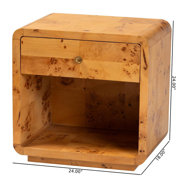 Baxton Studio bali Modern Natural Burl Wood Nightstand - Handcrafted Elegance with Unique Grain & Spacious Storage 1-Drawer KL-1570-Natural Burl Op1-Ebony-NS-BOXED