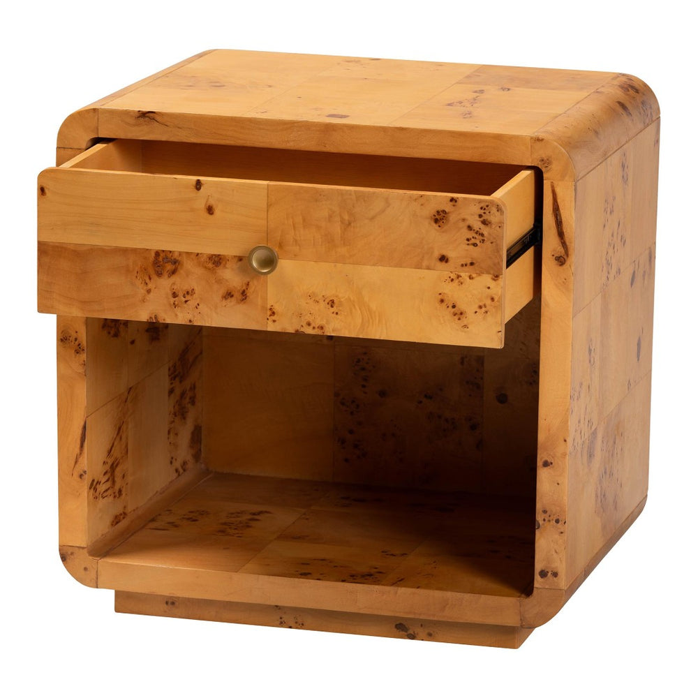 Baxton Studio bali Modern Natural Burl Wood Nightstand - Handcrafted Elegance with Unique Grain & Spacious Storage 1-Drawer KL-1570-Natural Burl Op1-Ebony-NS-BOXED