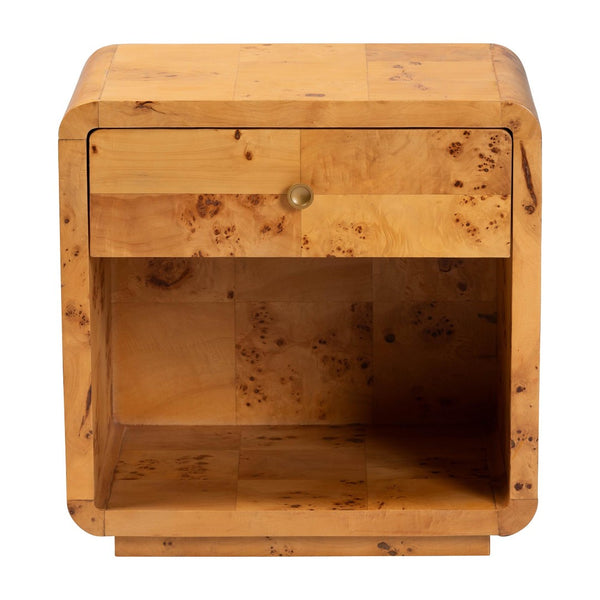 Baxton Studio bali Modern Natural Burl Wood Nightstand - Handcrafted Elegance with Unique Grain & Spacious Storage 1-Drawer KL-1570-Natural Burl Op1-Ebony-NS-BOXED