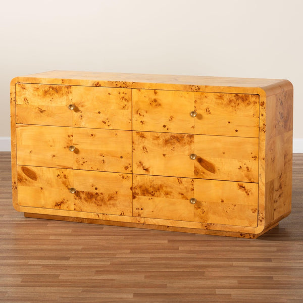 Baxton Studio bali Netra 6-Drawer Dresser in Modern Natural Burl Wood – Unique Design with Ample Storage Space KL-1571-Natural Burl Op1-Ebony-6DW-Dresser-BOXED