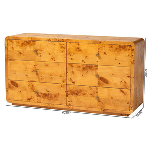 Baxton Studio bali Netra 6-Drawer Dresser in Modern Natural Burl Wood – Unique Design with Ample Storage Space KL-1571-Natural Burl Op1-Ebony-6DW-Dresser-BOXED