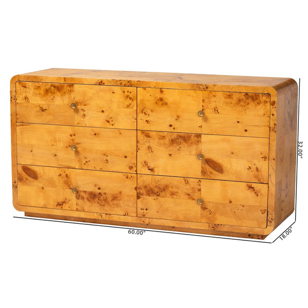 Baxton Studio bali Netra 6-Drawer Dresser in Modern Natural Burl Wood – Unique Design with Ample Storage Space KL-1571-Natural Burl Op1-Ebony-6DW-Dresser-BOXED