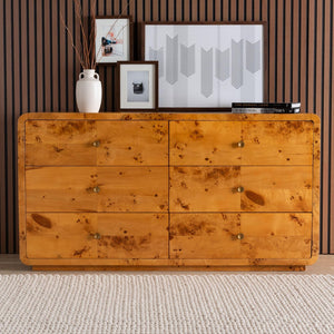 Baxton Studio bali Netra 6-Drawer Dresser in Modern Natural Burl Wood – Unique Design with Ample Storage Space KL-1571-Natural Burl Op1-Ebony-6DW-Dresser-BOXED