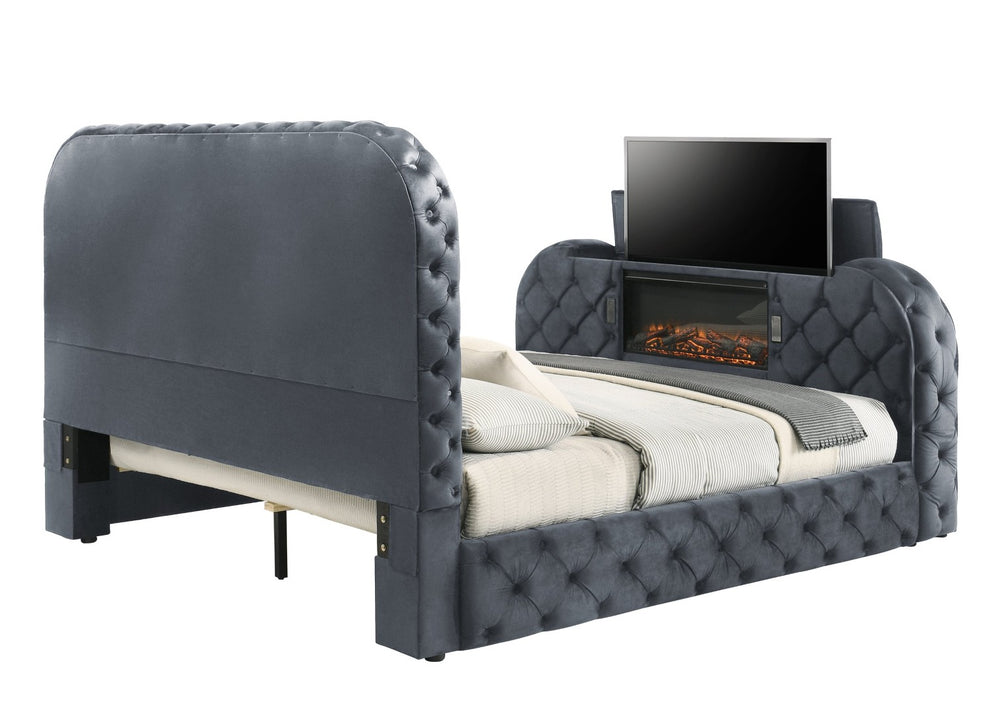 English Elm Gray Velvet Queen Bed with Motorized Tv Lift Fireplace Led Lighting and Tufted Frame B2756S00007