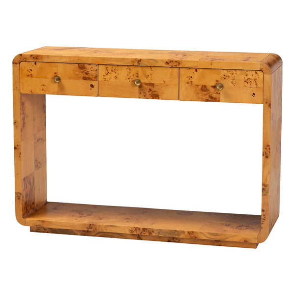 Baxton Studio bali Bali Netra Modern Console Table - Handcrafted Natural Burl Wood with Unique Storage & Display Options KL-1572-Natural Burl Op1-Ebony-3DW-Console Table-BOXED