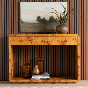 Baxton Studio bali Bali Netra Modern Console Table - Handcrafted Natural Burl Wood with Unique Storage & Display Options KL-1572-Natural Burl Op1-Ebony-3DW-Console Table-BOXED