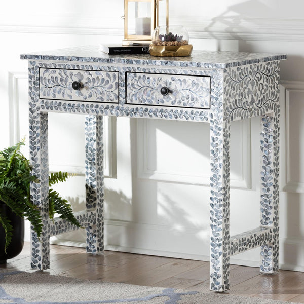 Baxton Studio bali Diata Coastal Black and White Capiz Shell Console Table with 2 Drawers for Elegant Storage F242-FT12-Console Table