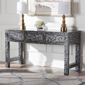 Baxton Studio bali Elara Coastal Console Table – Black & White Capiz Shell with 3 Drawers for Stylish Storage F242-FT16-Console Table