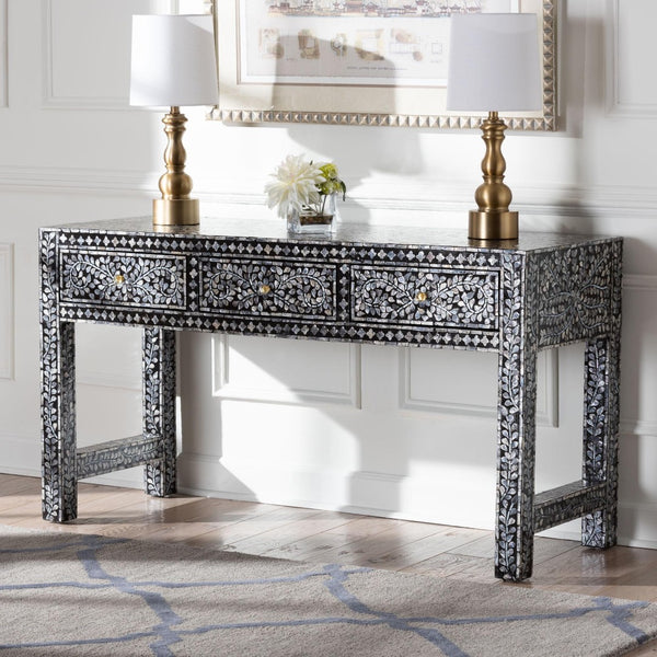 Baxton Studio bali Elara Coastal Console Table – Black & White Capiz Shell with 3 Drawers for Stylish Storage F242-FT16-Console Table