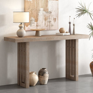 English Elm U_style Oak Veneer Console Table Sculptural Cutout Sides for Entryway or Hallway N711P241282A
