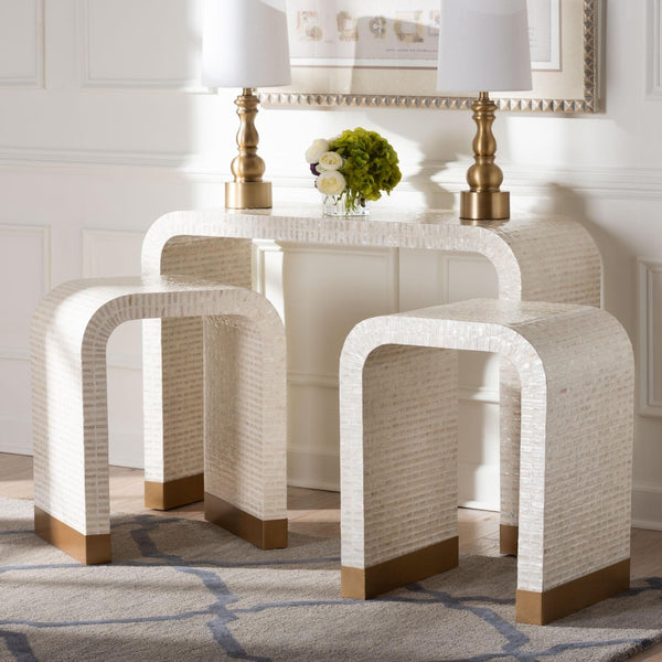 Baxton Studio bali Carlyn 3-Piece Coastal Accent Table Set - Beige & White Mother of Pearl Capiz Shell Elegance F242-FT19-3PC-Table Set