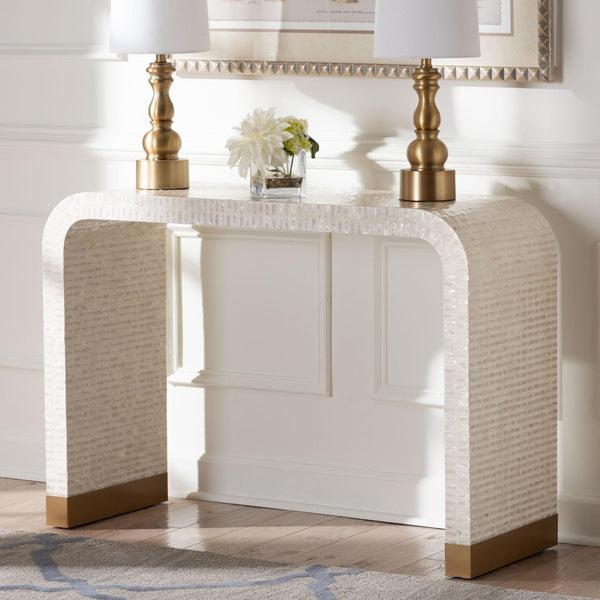 Baxton Studio bali Carlyn Coastal Console Table - Beige & White Mother of Pearl Capiz Shell, Handcrafted Elegance F242-FT19-Console Table