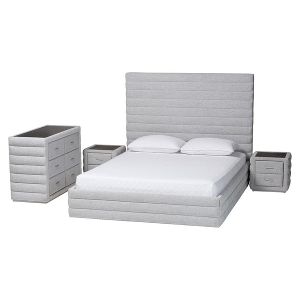 Baxton Studio Baxton Cadmus Modern Light Grey Channel-Tufted 4-Piece Queen Bedroom Set with Stylish Comfort BBT61237-Light Grey-Queen 4PC Bedroom Set