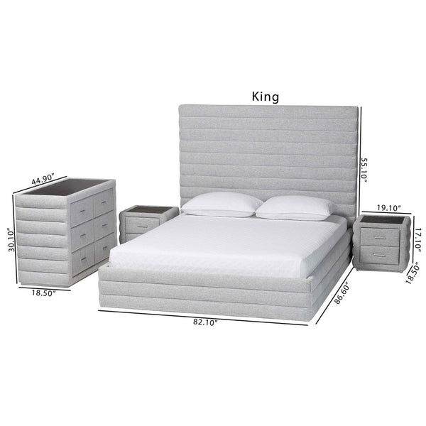 Baxton Studio Baxton Studio Cadmus 4-Piece Modern Bedroom Set with King Bed, Dresser & Nightstands in Grey Fabric BBT61237-Light Grey-King 4PC Bedroom Set