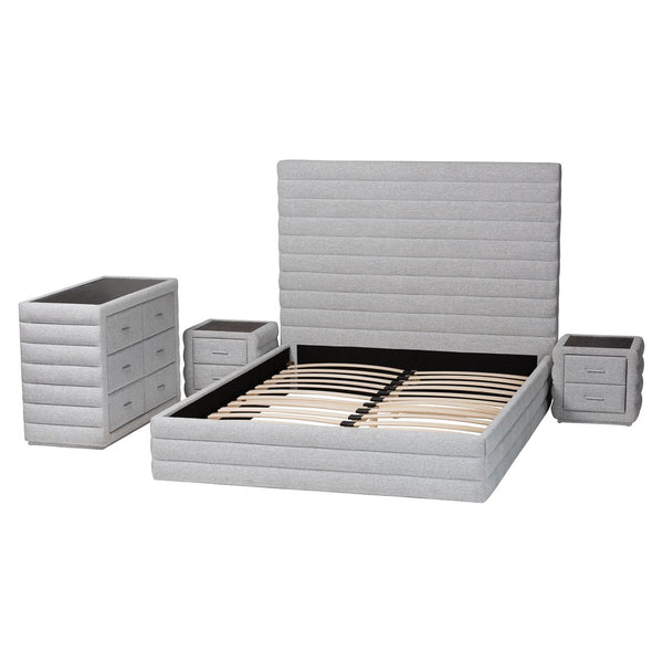 Baxton Studio Baxton Cadmus Modern Light Grey Channel-Tufted 4-Piece Queen Bedroom Set with Stylish Comfort BBT61237-Light Grey-Queen 4PC Bedroom Set