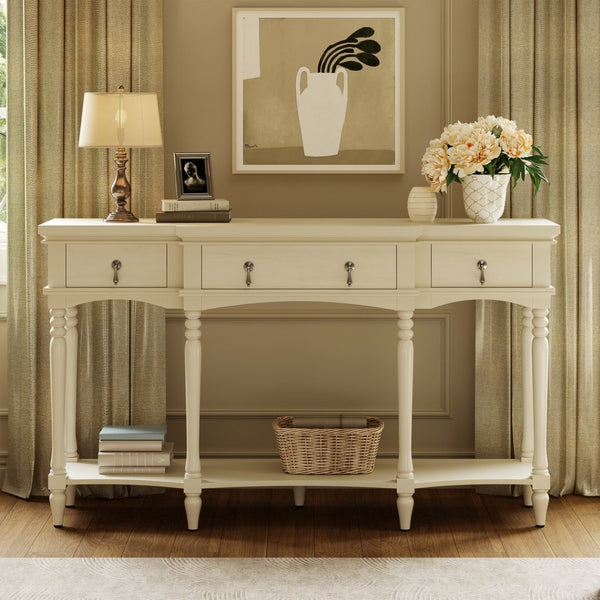 English Elm [video] Solid Pine Console Table Ornate Carved Legs Copper Hardware Soft-close Drawers White N759P433566K