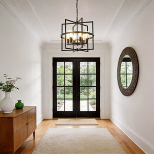 English Elm 6-light Matte Black Tiered Lantern Chandelier Industrial Farmhouse Foyer Pendant W5008P464229