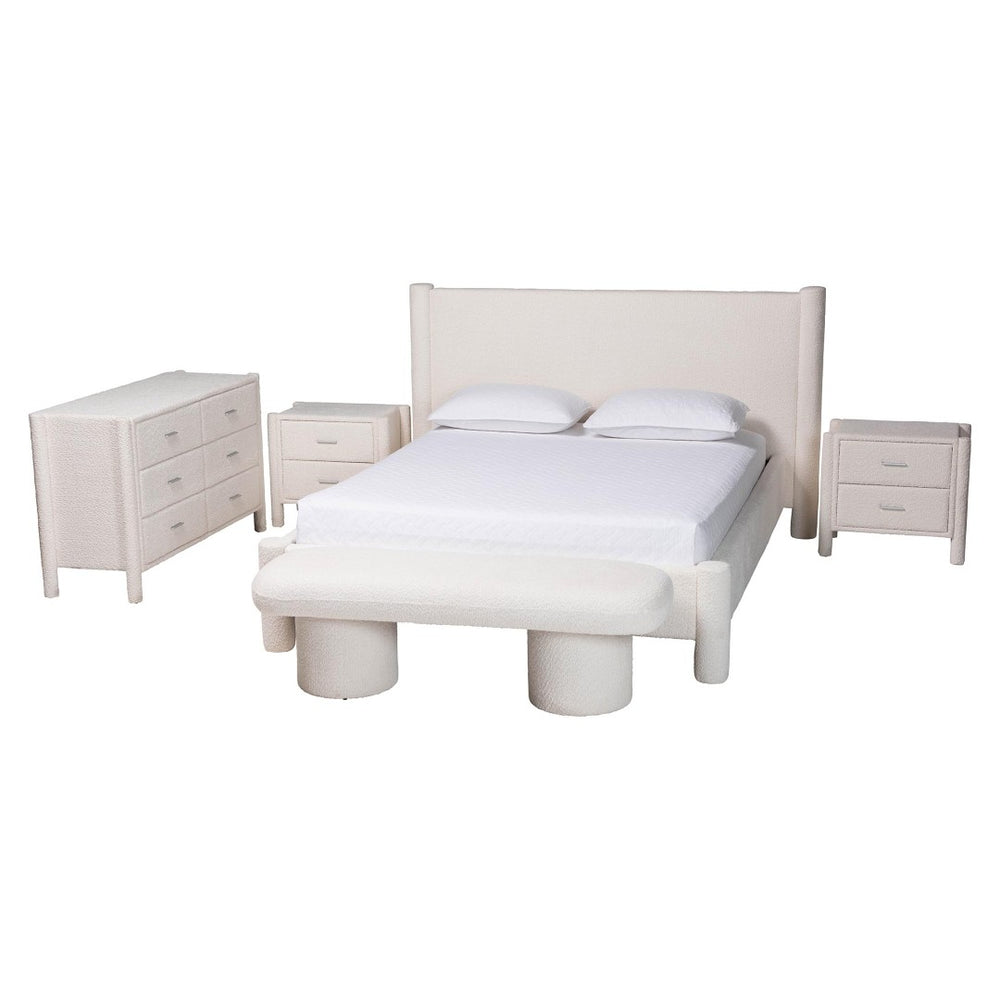 Baxton Studio Baxton Laria Plush King Size 5-Piece Bedroom Set in Soft White Teddy-Bear Fabric for Modern Elegance BBT61176 A1-White-King 5PC Bedroom Set