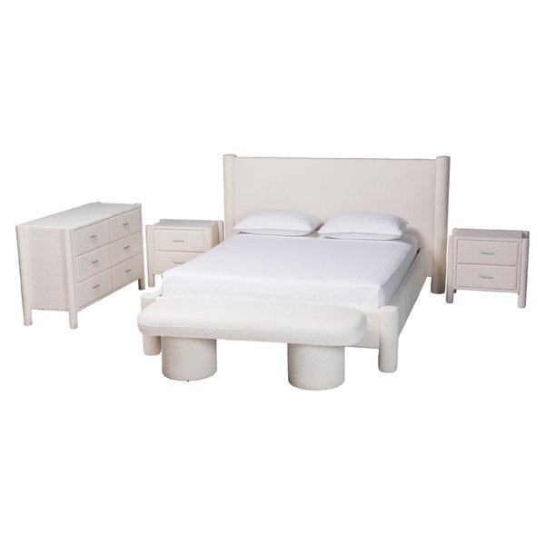 Baxton Studio Baxton Laria Plush King Size 5-Piece Bedroom Set in Soft White Teddy-Bear Fabric for Modern Elegance BBT61176 A1-White-King 5PC Bedroom Set