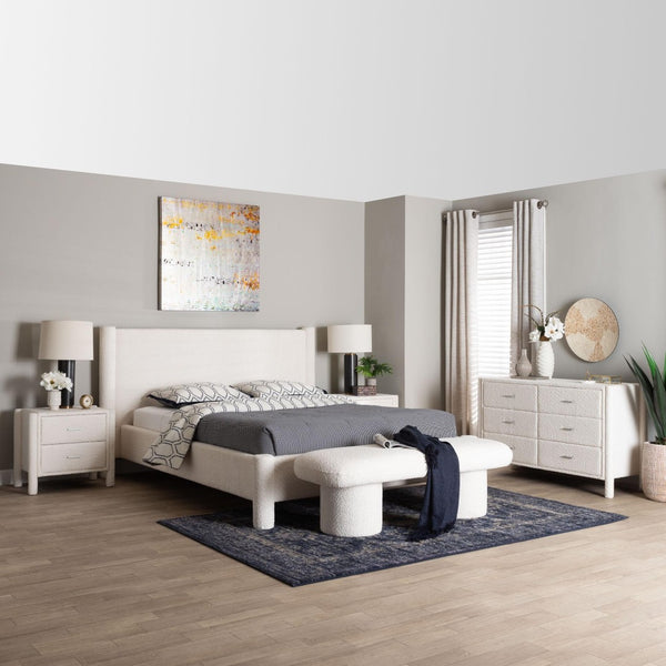 Baxton Studio Baxton Laria Plush King Size 5-Piece Bedroom Set in Soft White Teddy-Bear Fabric for Modern Elegance BBT61176 A1-White-King 5PC Bedroom Set