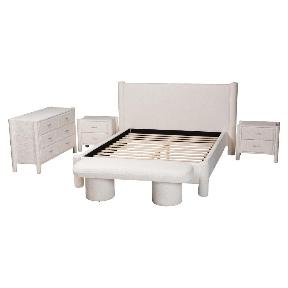 Baxton Studio Baxton Laria Plush King Size 5-Piece Bedroom Set in Soft White Teddy-Bear Fabric for Modern Elegance BBT61176 A1-White-King 5PC Bedroom Set