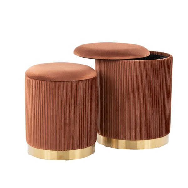 English Elm Nesting Pleated Velvet Ottoman Pair with Polished Gold Base Glam Living Room Accent B202P471509