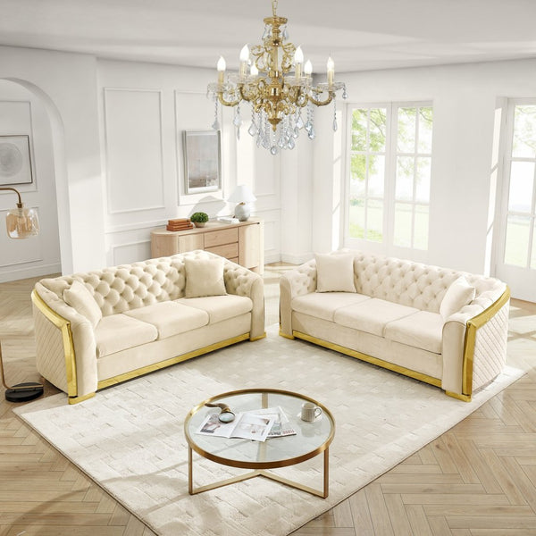 English Elm 84" Velvet Tufted Chesterfield Sofa Mid Century Three Seat Gold Trim Living Room Beige W1191S00113