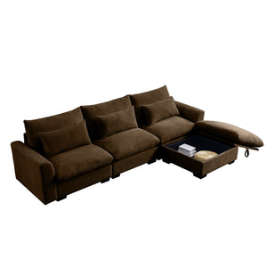 English Elm Corduroy Sectional Sofa - Versatile L-Shaped Couch With Storage Footstool & Lumbar Pillows, Brown W714S00661