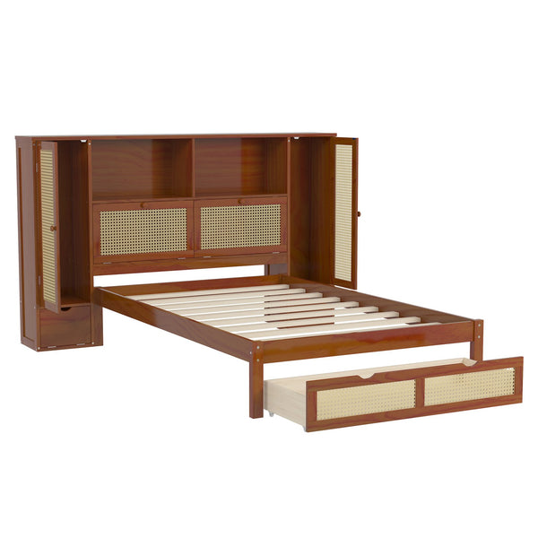 English Elm Twin Multifunctional Bed with Rattan Headboard Storage, Drawer & Shelves — Space-Saving Pine Design Walnut 50.4 L x 19.8 W x 5.5 H N733S241280D